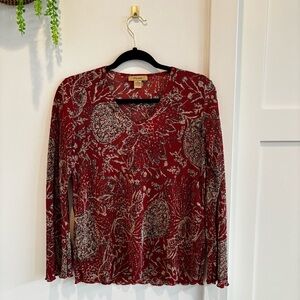 Plisse Vintage Euro Burgundy Paisley Long Sleeve Crinkle Women's Top Size Medium